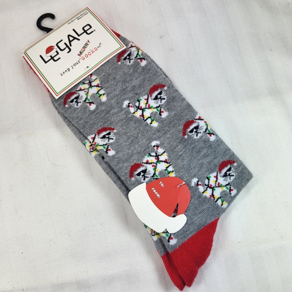 LeGale Mens SOCKS Cat Lights Santa Hat Gray Red White 1 Pair Christmas NEW - Picture 9 of 9